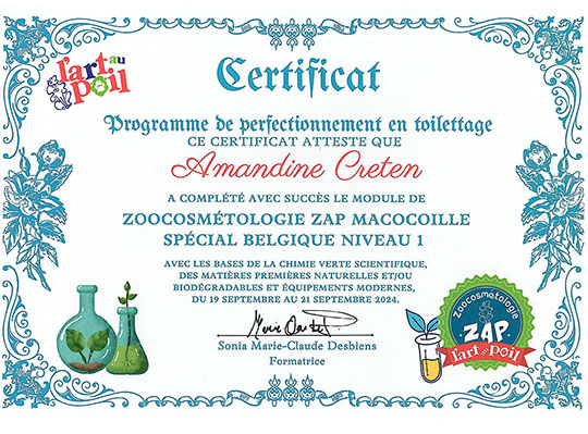 Certificat Zoocosmétologie - L'Art au Poil, septembre 2024